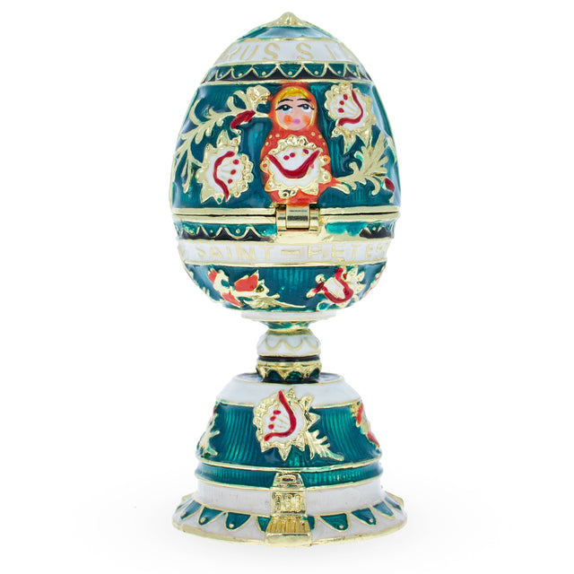 Enameled Nesting Doll Easter Egg Figurine in Green color Oval