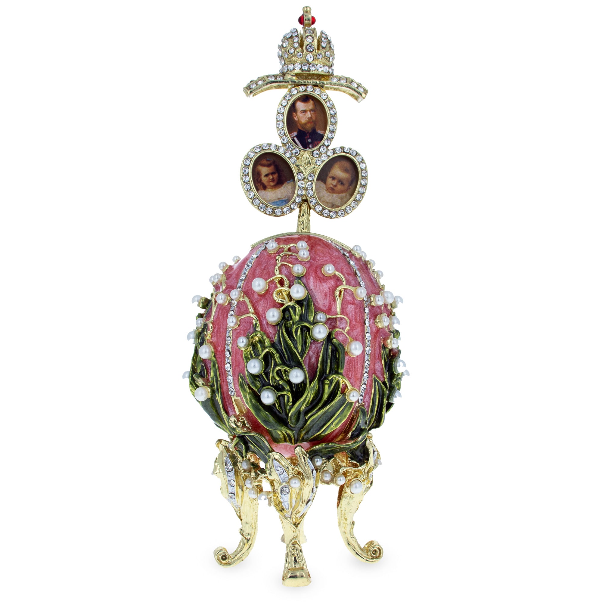 1898 Lilies of the Valley Musical Royal Imperial Easter Egg 6.3 Inches in Red color Oval