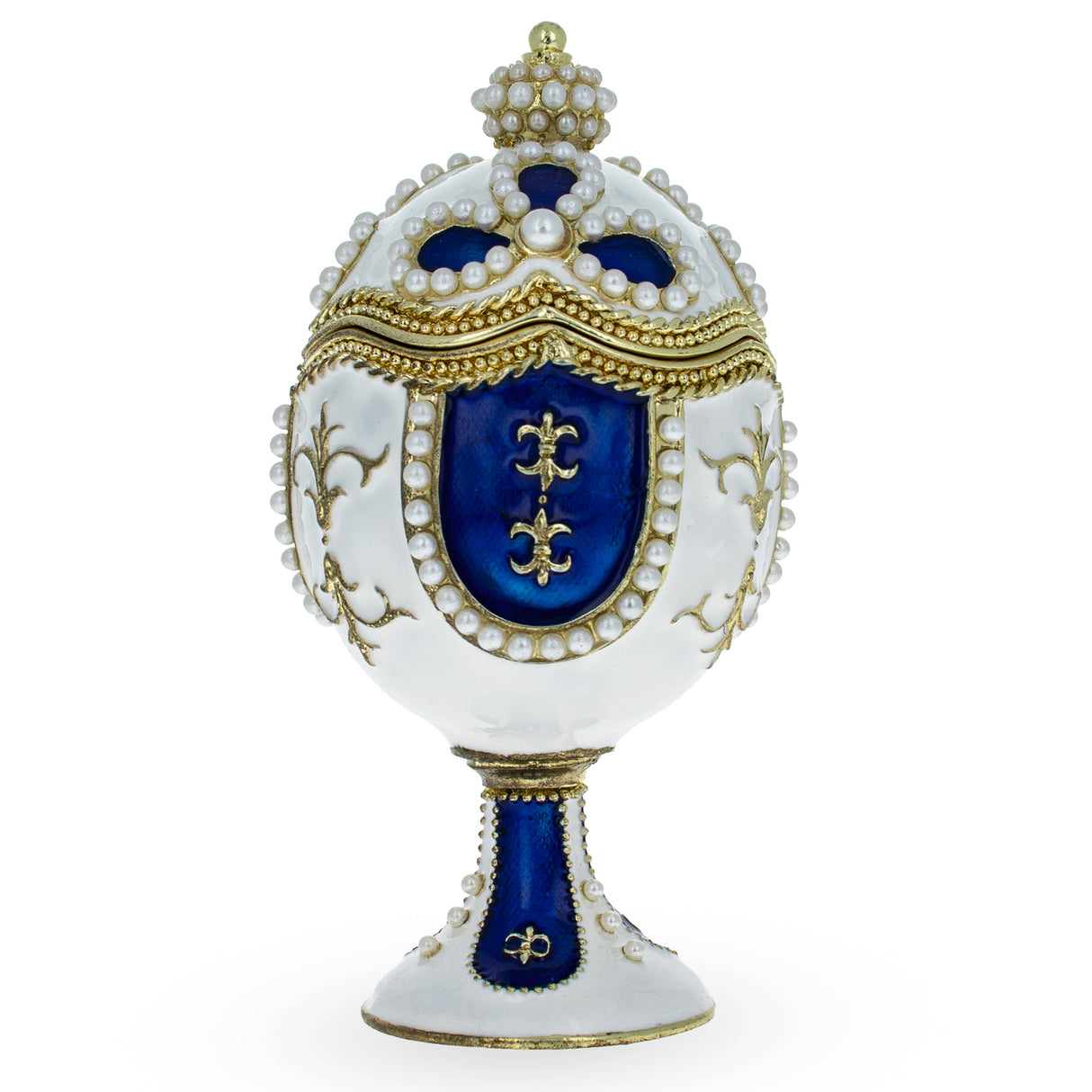 Pearls on White Enamel Royal Inspired Easter Egg 3.75 Inches in White color, Oval shape