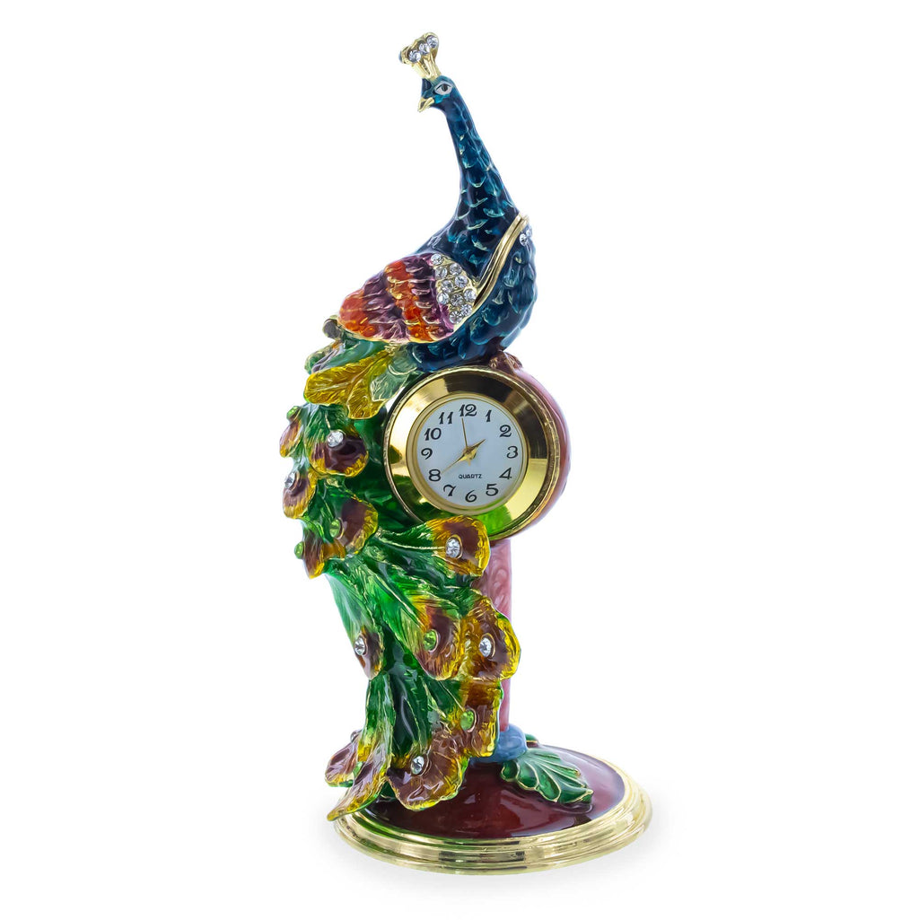 Peacock Sitting on a Clock Trinket Box Figurine 5.5 Inches in Multi color
