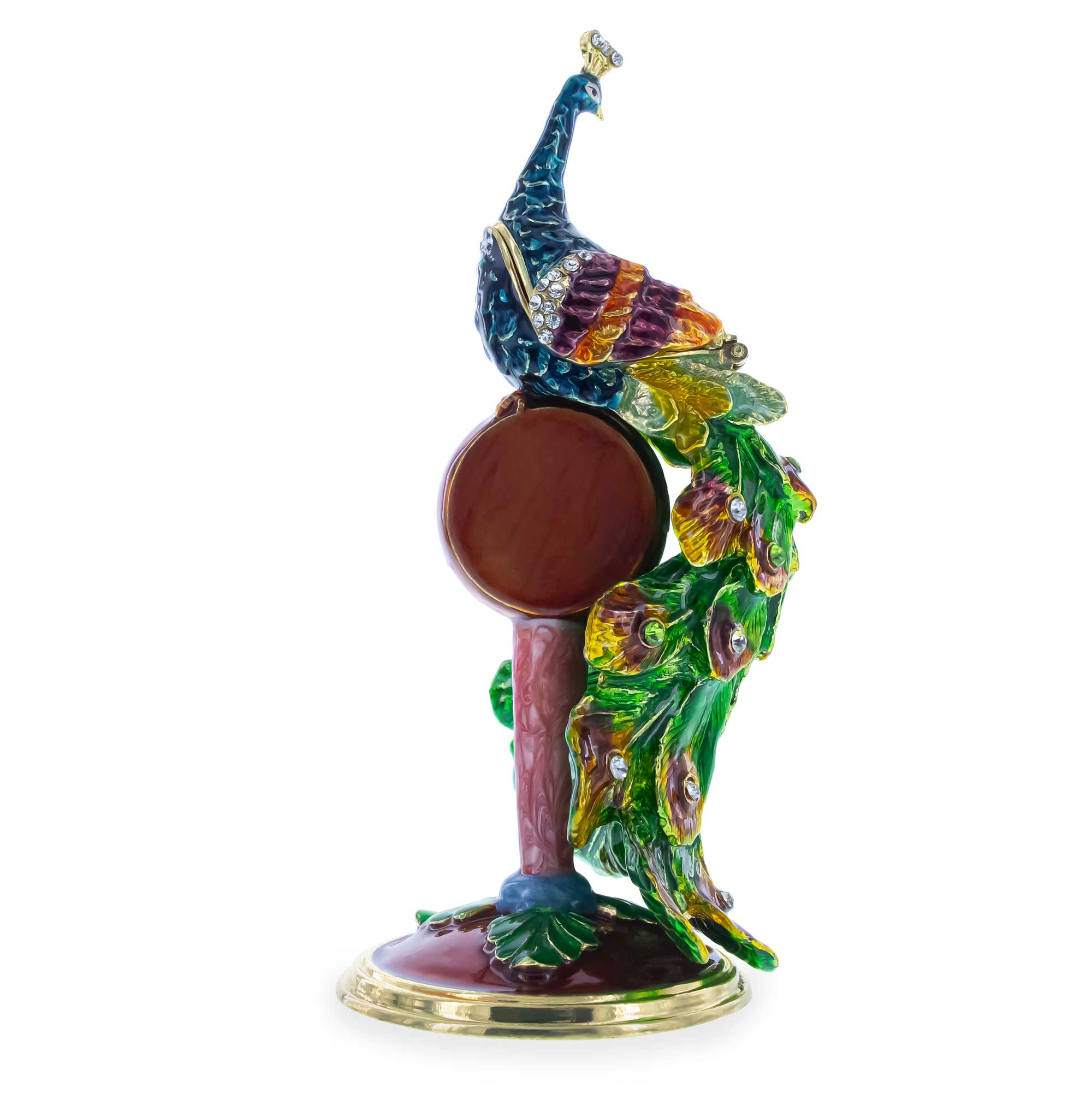 Peacock Sitting on a Clock Trinket Box Figurine 5.5 Inches