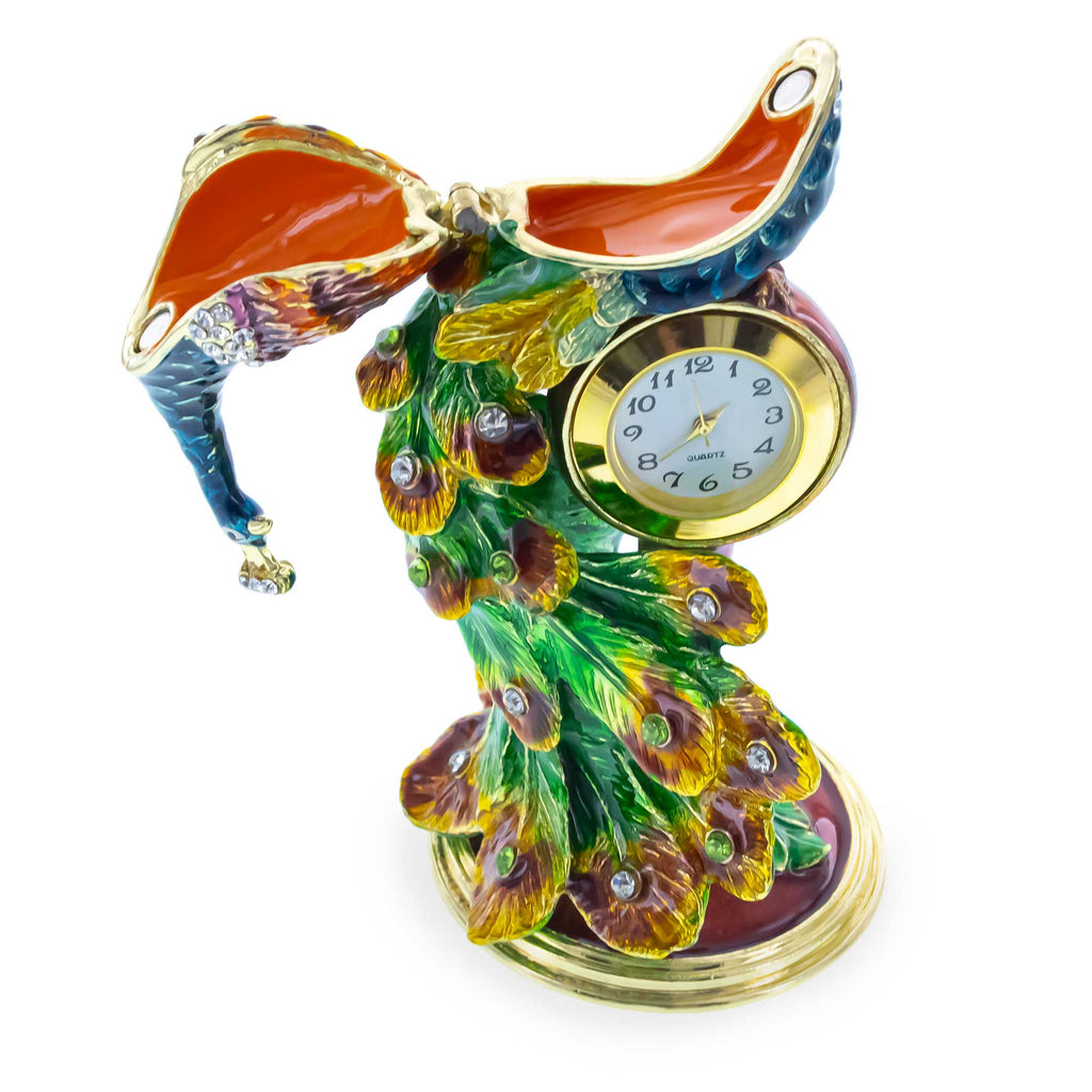 Peacock Sitting on a Clock Trinket Box Figurine 5.5 Inches , dimensions in inches: 5.15 x 2.1 x 2.3