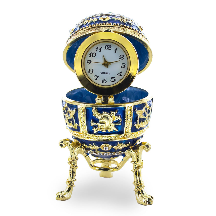 Blue Enamel Royal Inspired Imperial Easter Egg with Clock Surprise in  color Oval
