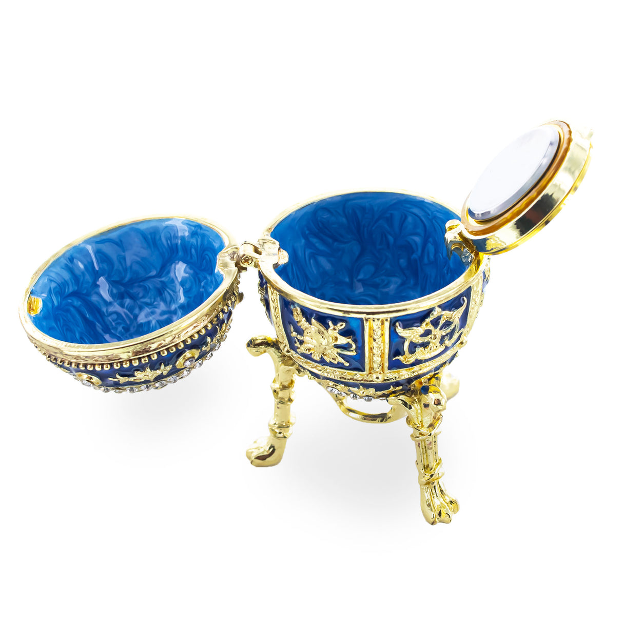 Blue Enamel Royal Inspired Imperial Easter Egg with Clock Surprise ,dimensions in inches: 2.8 x 1.59 x 1.7