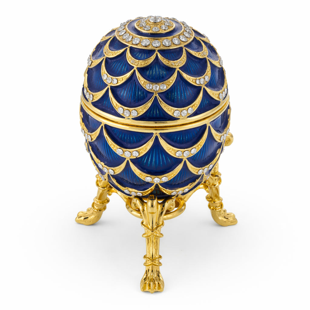 Blue Enamel Pinecone Royal Inspired Imperial Easter Egg with Clock in Blue color Oval