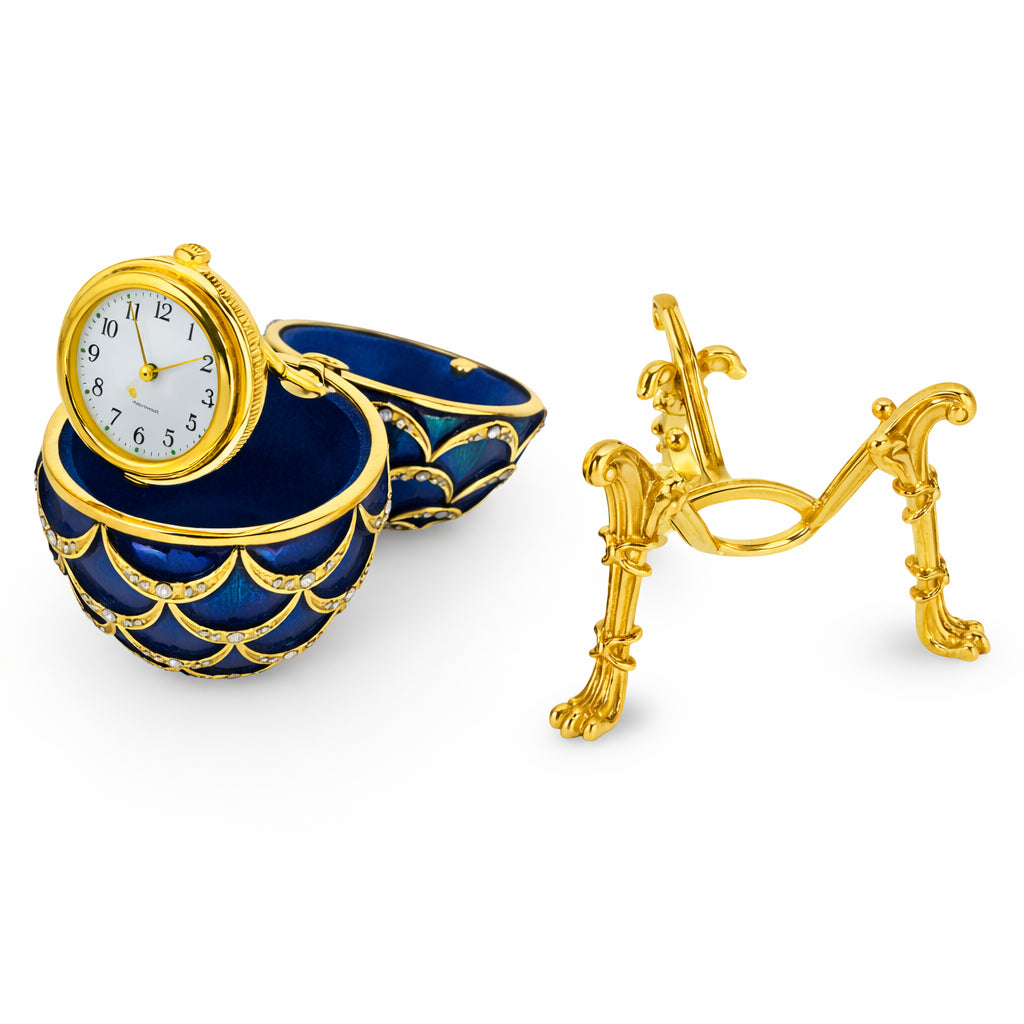 Blue Enamel Pinecone Royal Inspired Imperial Easter Egg with ClockCzech Republic , dimensions in inches: 2.7 x 1.6 x 1.6