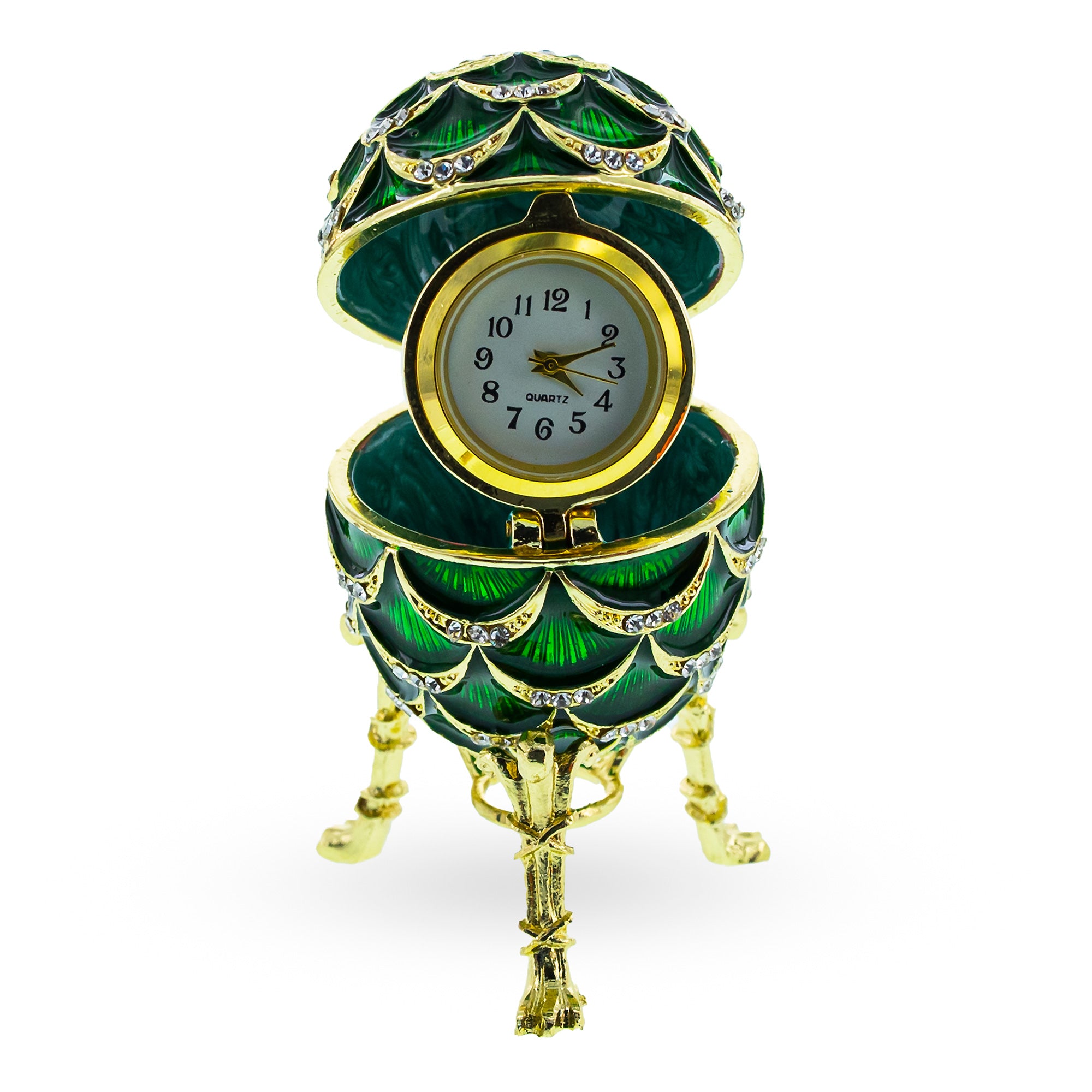 Green Enamel Pinecone Royal Inspired Imperial Easter Egg with Clock Surprise in Green color Oval