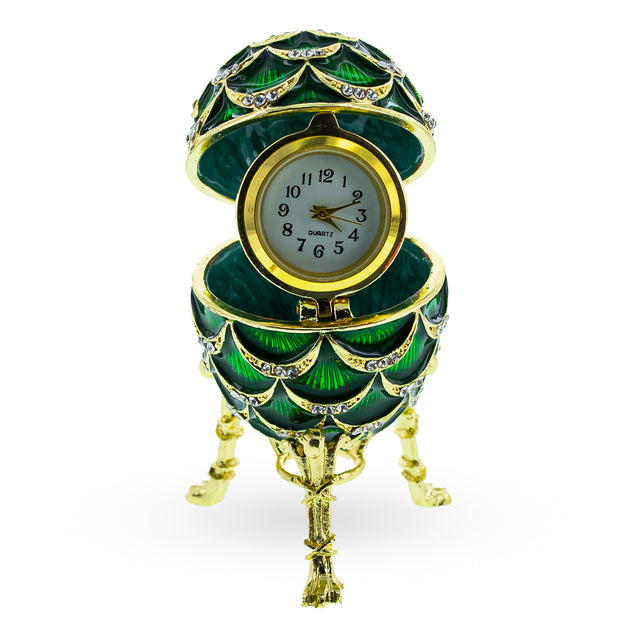 Green Enamel Pinecone Royal Inspired Imperial Easter Egg with Clock Surprise in Green color Oval
