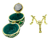 Green Enamel Pinecone Royal Inspired Imperial Easter Egg with Clock Surprise , dimensions in inches: 2.7 x 1.6 x 1.6