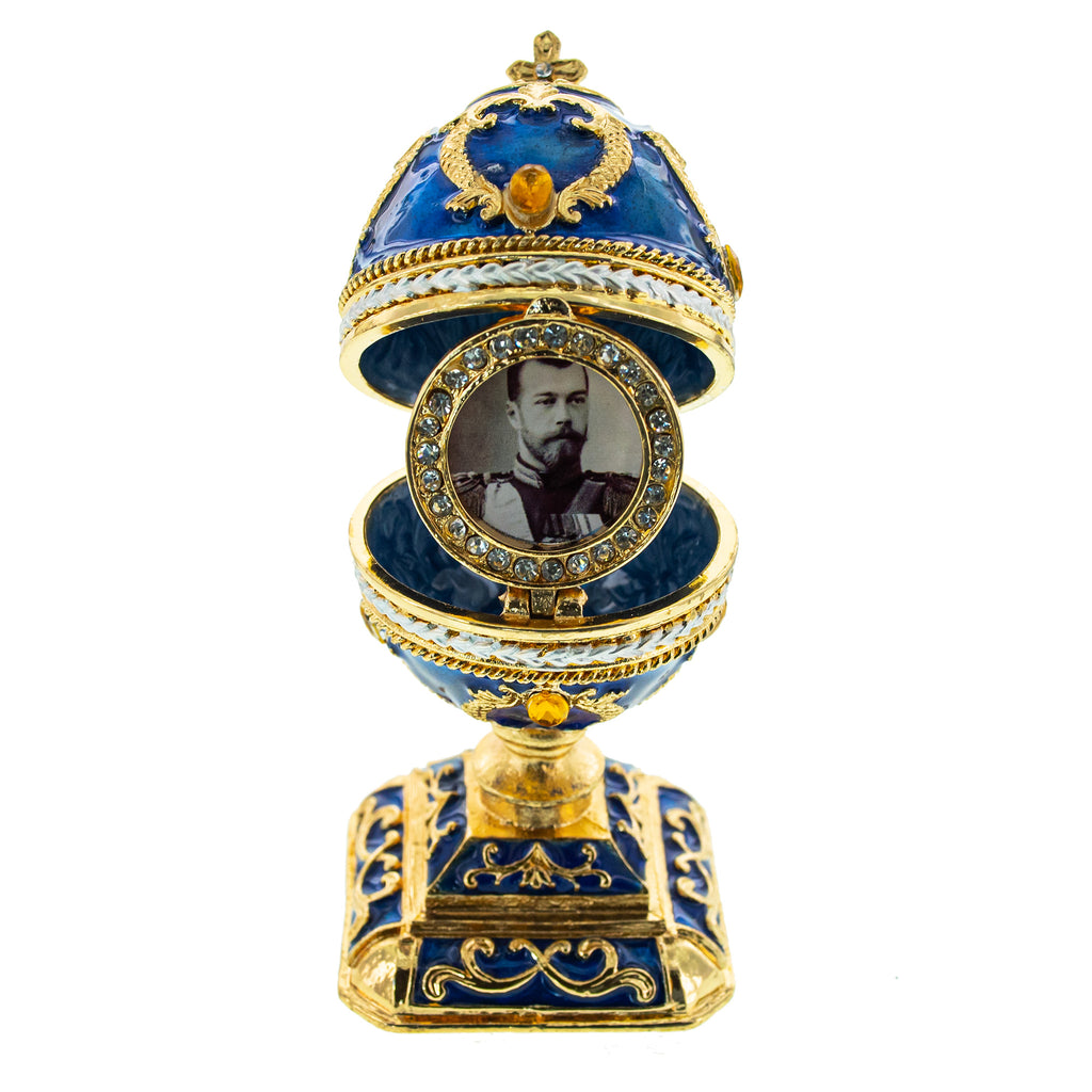 Blue Enamel Scrolls Royal Inspired Easter Egg in Blue color, Oval shape