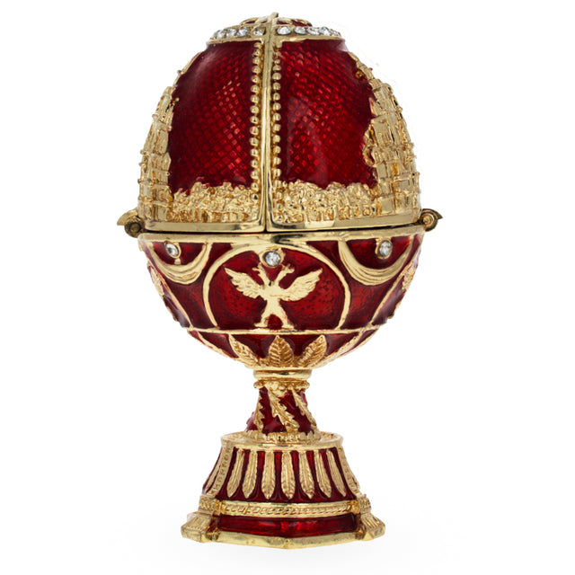 The City Royal Inspired Imperial Easter Egg with Clock in Red color, Oval shape
