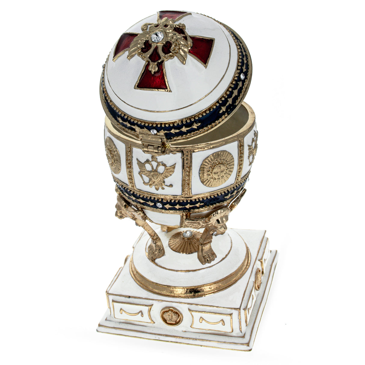 Red Cross on White Enamel Royal Inspired Imperial Easter Egg ,dimensions in inches: 4.5 x 2.6 x 3.6