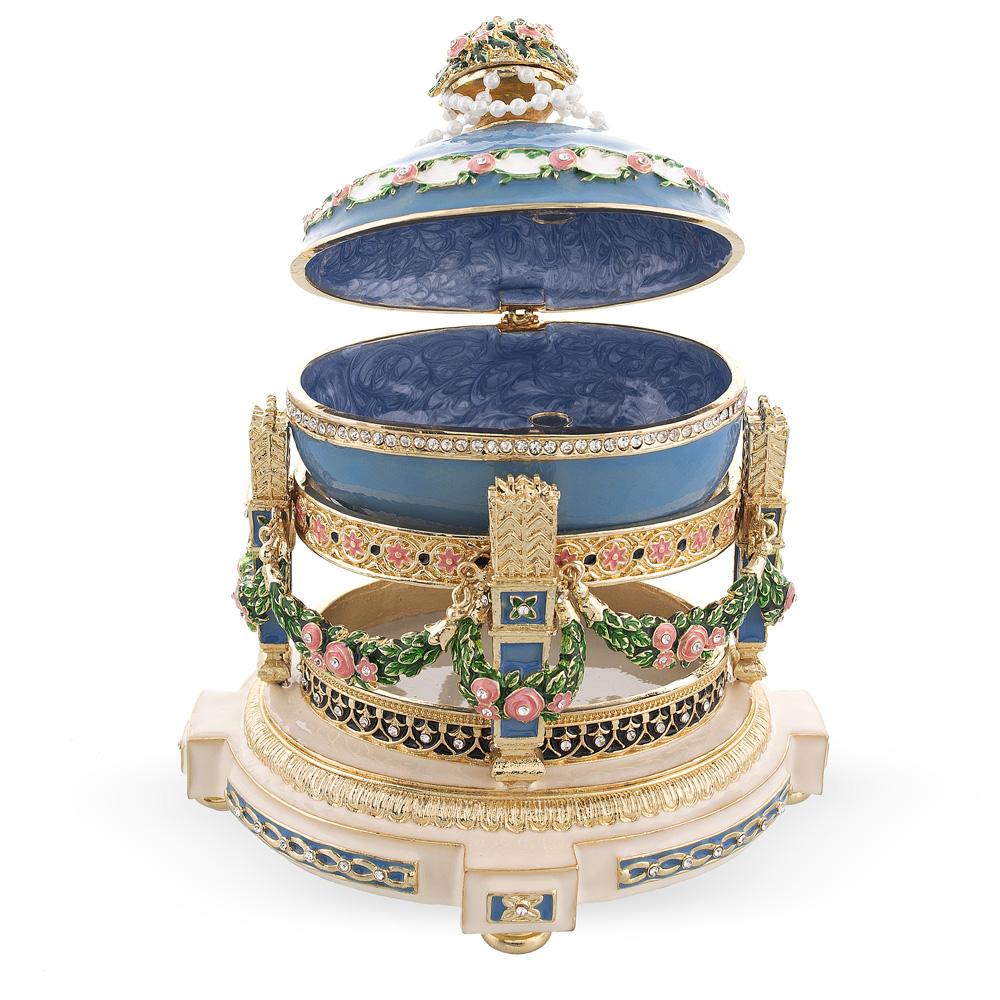 1907 Love Trophies Egg (Cradle with Garlands) Musical Royal Easter Egg , dimensions in inches: 5.8 x 5.3 x 5.3