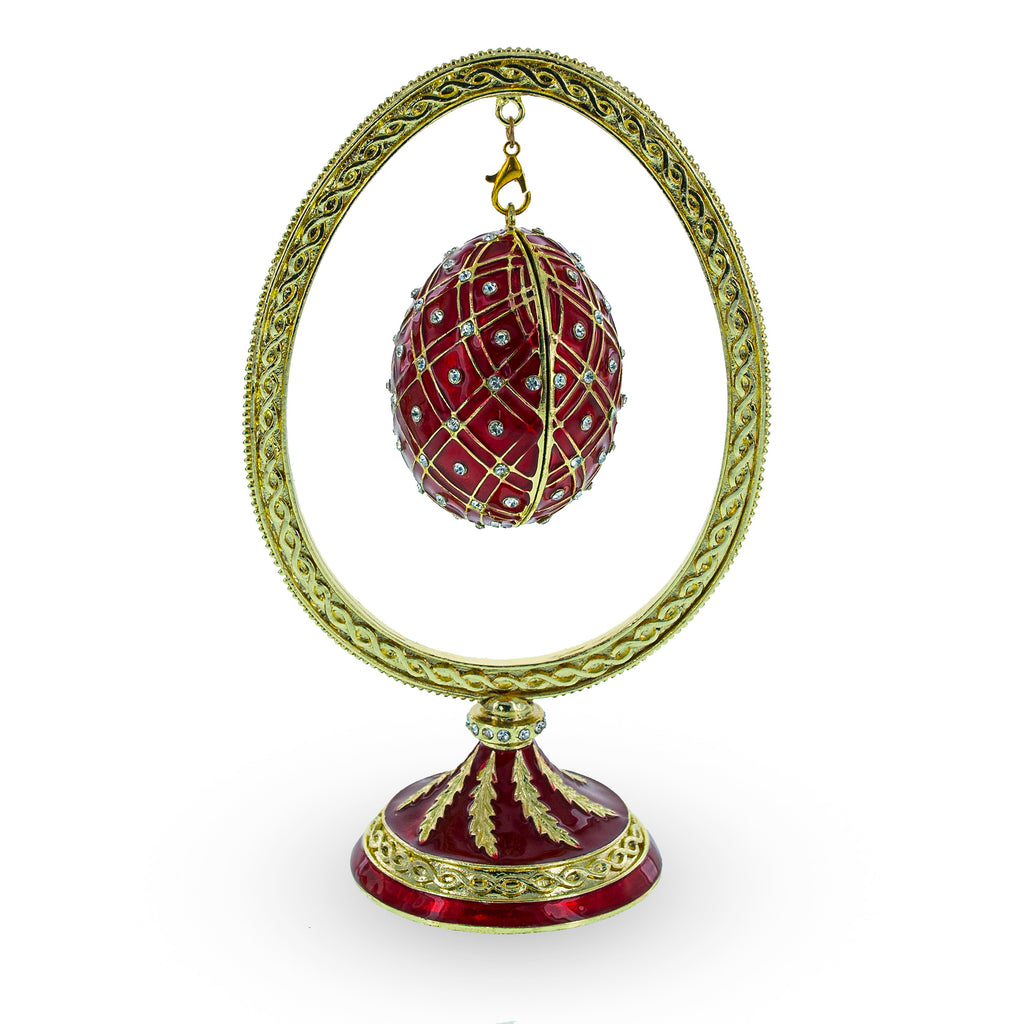 Pewter Red Enamel Jeweled Easter Egg in the Egg Shaped Display Holder Figurine in Red color Oval