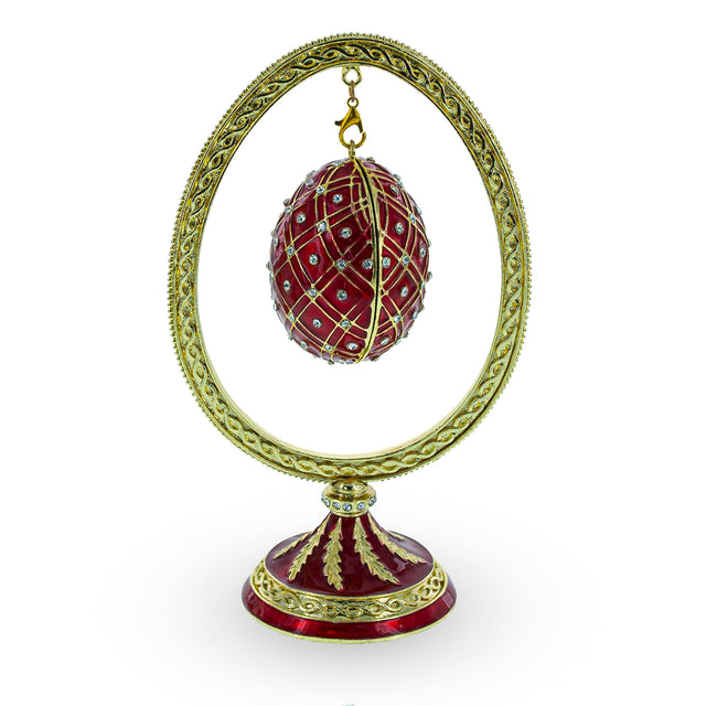 Red Enamel Jeweled Easter Egg in the Egg Shaped Display Holder Figurine in Red color, Oval shape