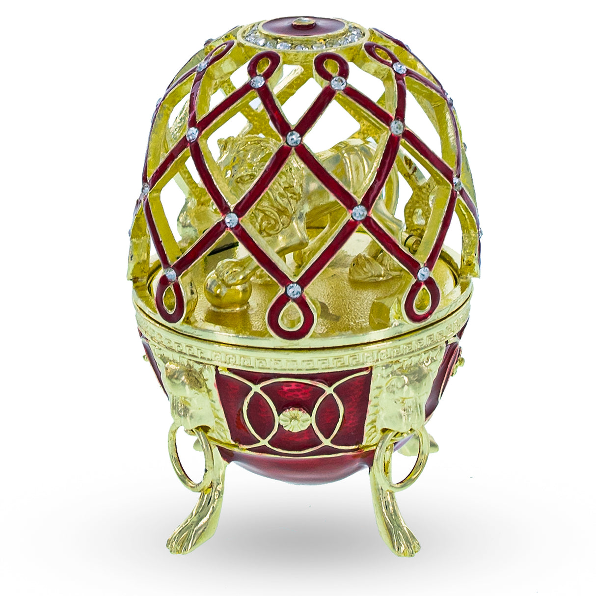 Pewter Golden Lion in the Jeweled Cage Egg Figurine in Red color Oval