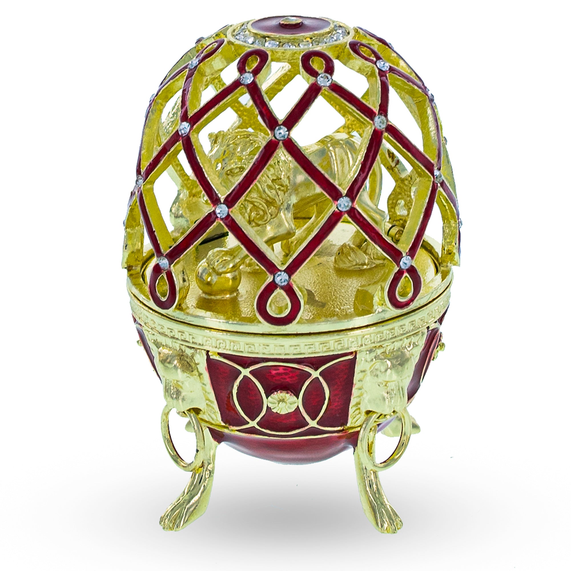 Golden Lion in the Jeweled Cage Egg Figurine in Red color Oval