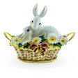 Pewter White Bunny Family in Easter Basket Trinket Box Figurine 2.5 Inches in Multi color