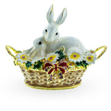 White Bunny Family in Easter Basket Trinket Box Figurine 2.5 Inches in Multi color