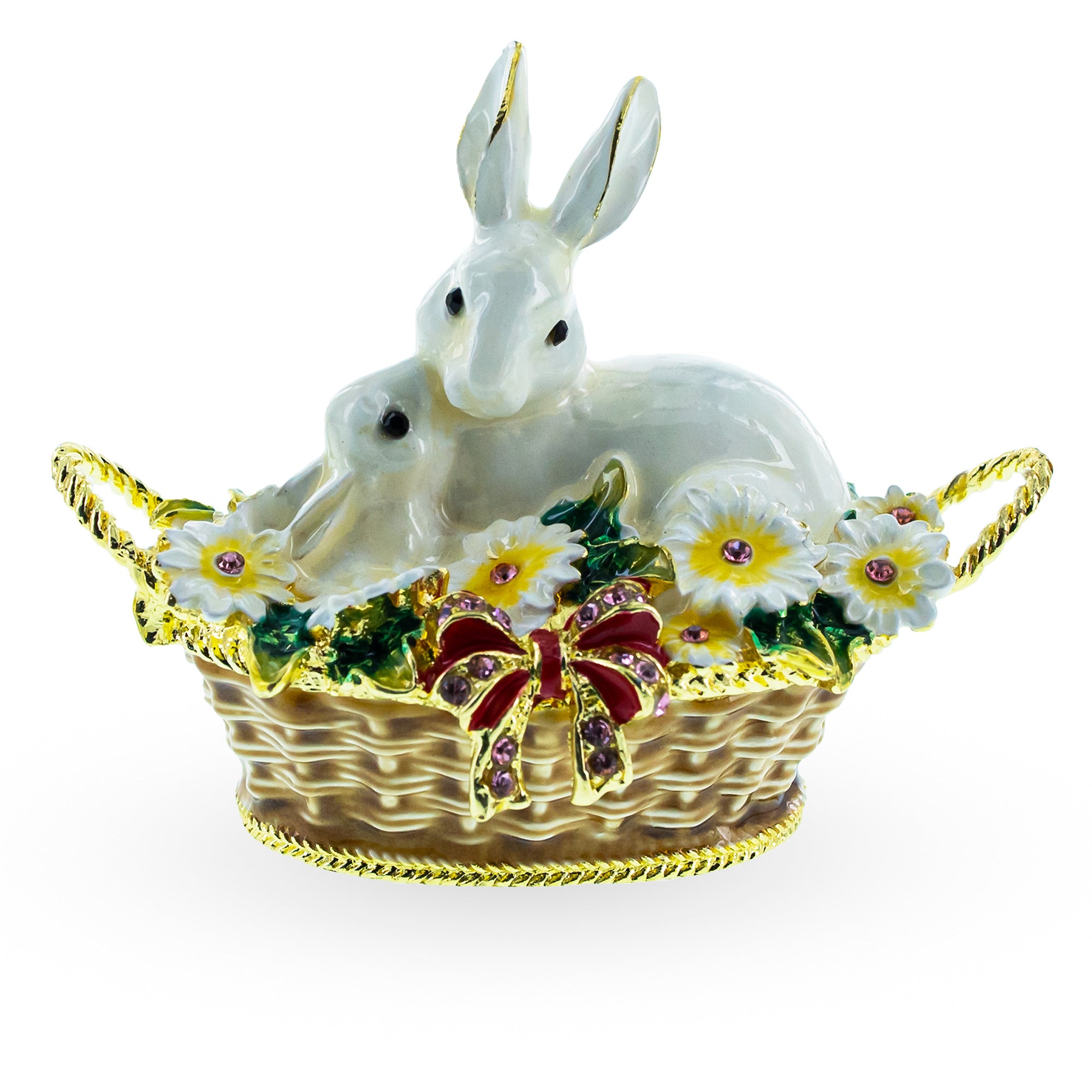 White Bunny Family in Easter Basket Trinket Box Figurine 2.5 Inches in Multi color
