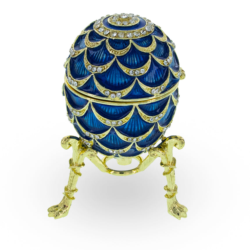 Shop Blue Enamel Pinecone Royal Inspired Imperial Easter Egg with Clock. Buy Royal Royal Eggs Inspired Blue Oval  for Sale by Online Gift Shop BestPysanky Faberge replicas Imperial royal collectible Easter egg decorative Russian inspired style jewelry trinket box bejeweled jeweled enameled decoration figurine collection house music box crystal value for sale real