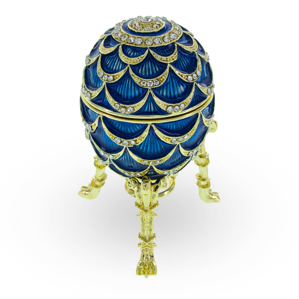 Pewter Blue Enamel Pinecone Royal Inspired Imperial Easter Egg with Clock in Blue color Oval