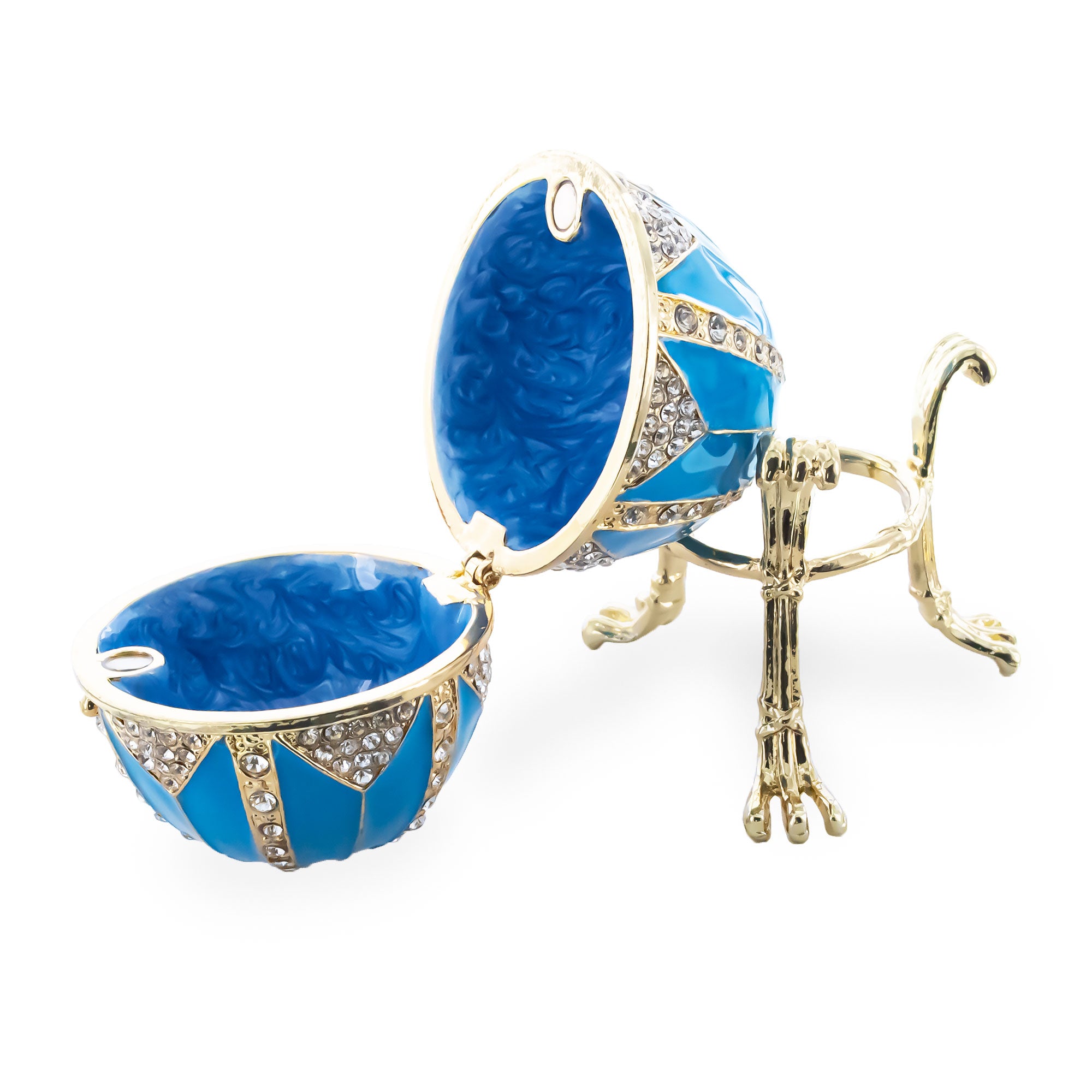 Crystal Rhombus on Blue Enamel Royal Inspired Metal Easter Egg 3.15 Inches , dimensions in inches: 3.15 x 3.68 x 3.68