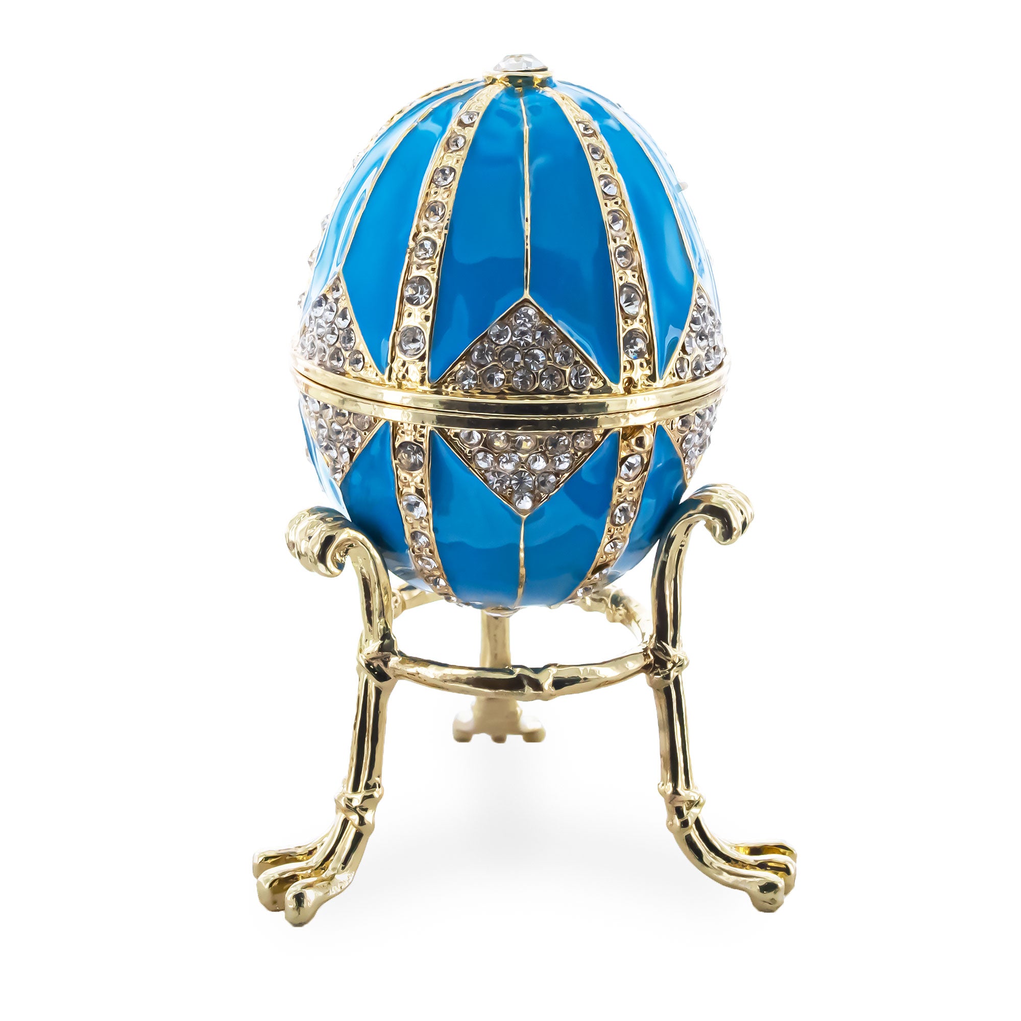 Crystal Rhombus on Blue Enamel Royal Inspired Metal Easter Egg 3.15 Inches in Blue color Oval