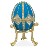 Crystal Rhombus on Blue Enamel Royal Inspired Metal Easter Egg 3.15 Inches in Blue color, Oval shape