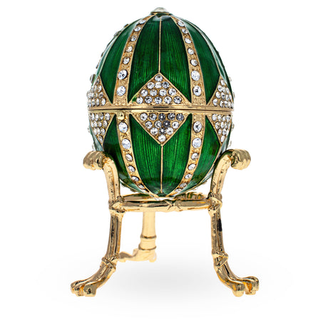 Crystal Rhombus on Green Enamel Royal Inspired Imperial Egg 3.15 Inches in Green color, Oval shape