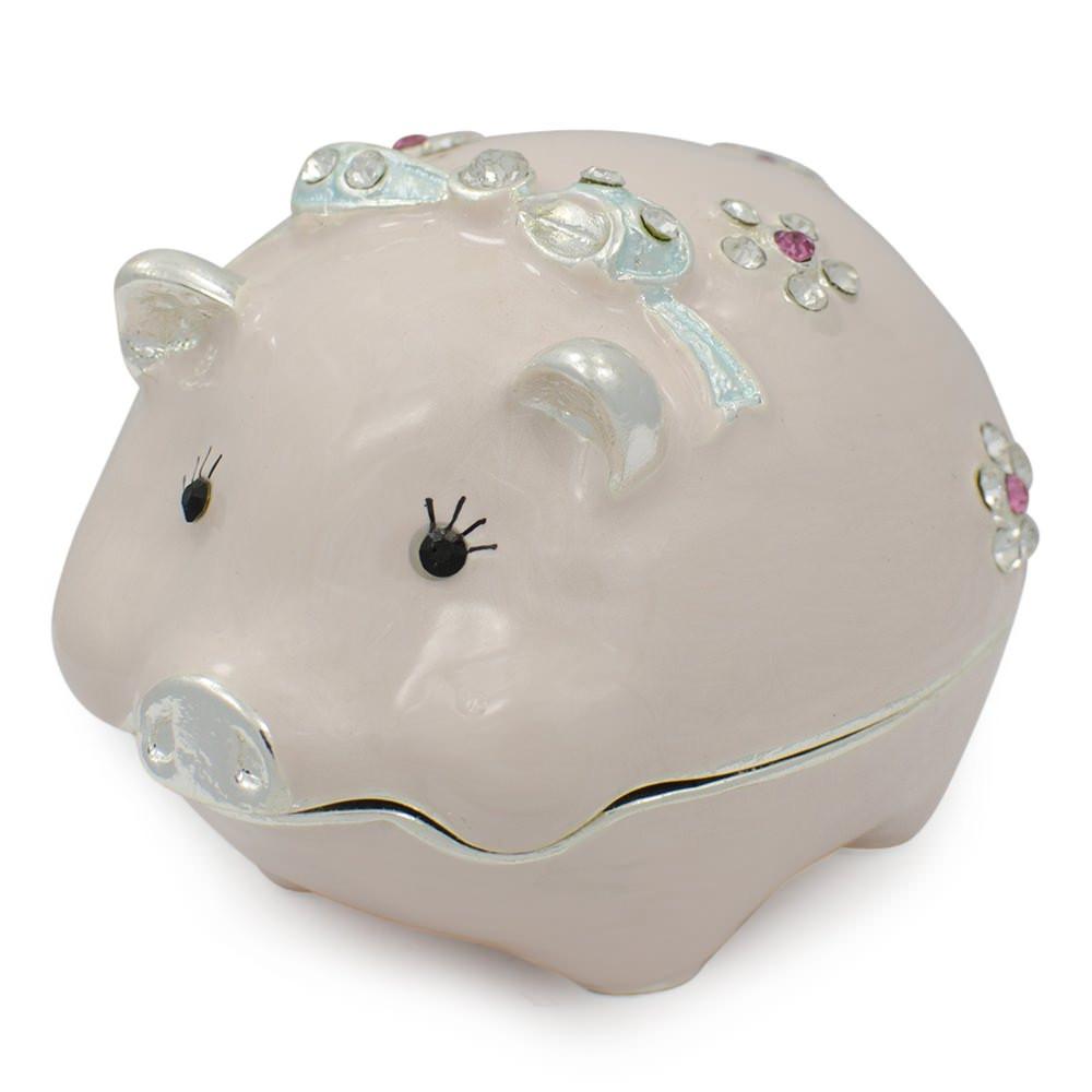 Pewter Pink Pig with Crystals Trinket Box Figurine in Pink color