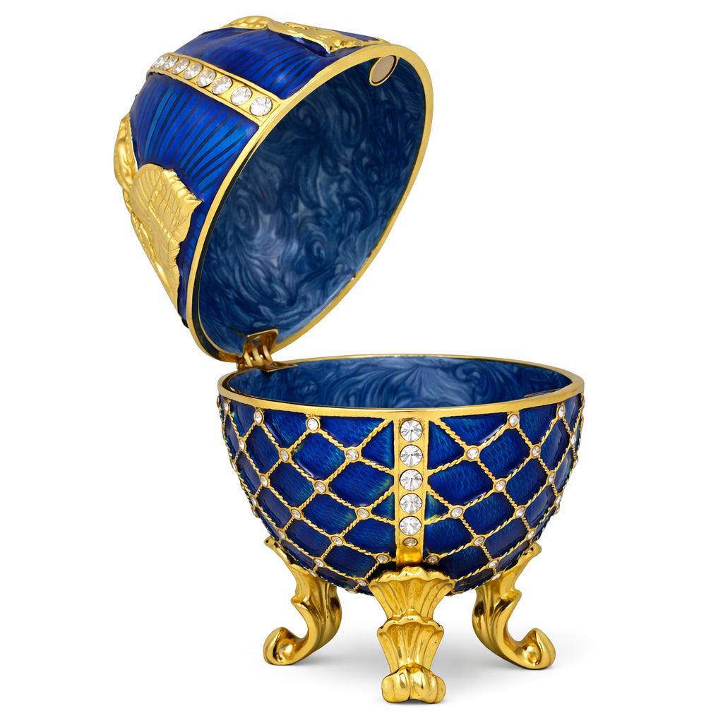 BestPysanky online gift shop sells Faberge replicas Imperial royal collectible Easter egg decorative Russian inspired style jewelry trinket box bejeweled jeweled enameled decoration figurine collection house music box crystal value for sale real