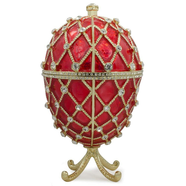 Pewter Royal Trellis with Crystals on Red Enamel Royal Inspired Metal Easter Egg 7 Inches in Red color Oval