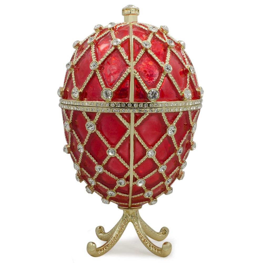 Royal Trellis with Crystals on Red Enamel Royal Inspired Metal Easter Egg 7 Inches in Red color Oval