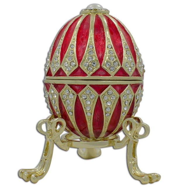 Red Enamel Jeweled Royal Inspired Imperial Metal Easter Egg 3.25 Inches in Red color, Oval shape