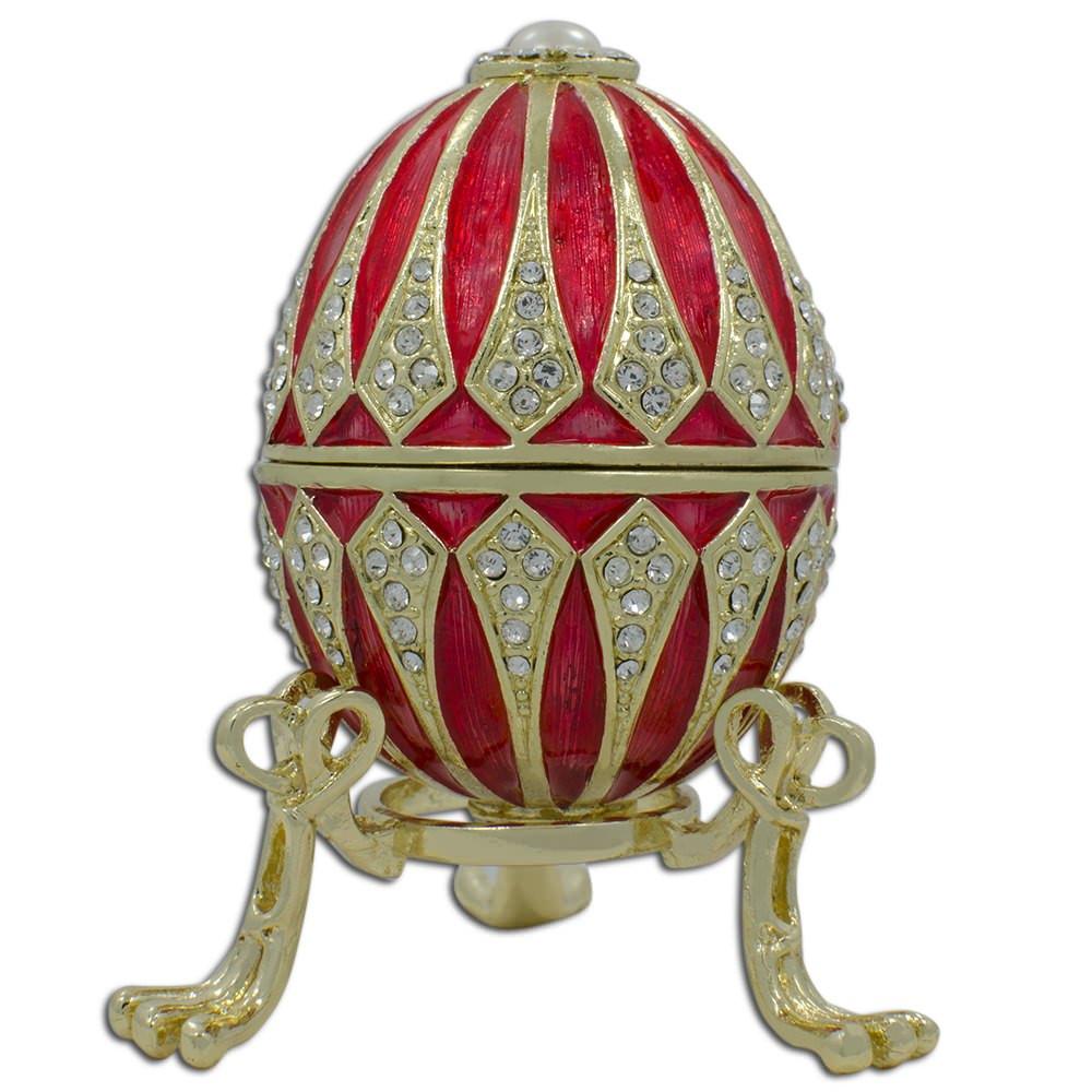 Red Enamel Jeweled Royal Inspired Imperial Metal Easter Egg 3.25 Inches in Red color, Oval shape