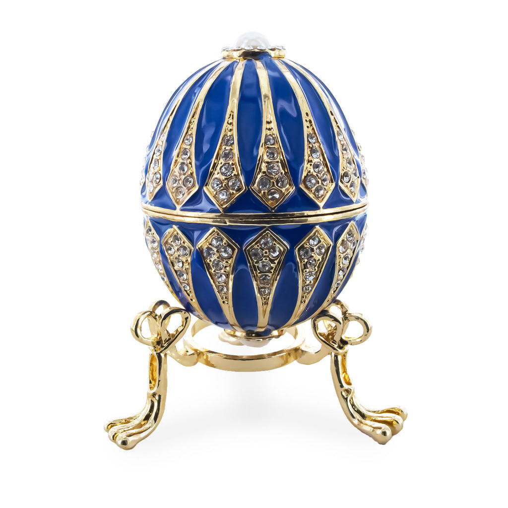 Blue Enamel Jeweled Royal Inspired Metal Easter Egg 3.25 Inches in Blue color Oval
