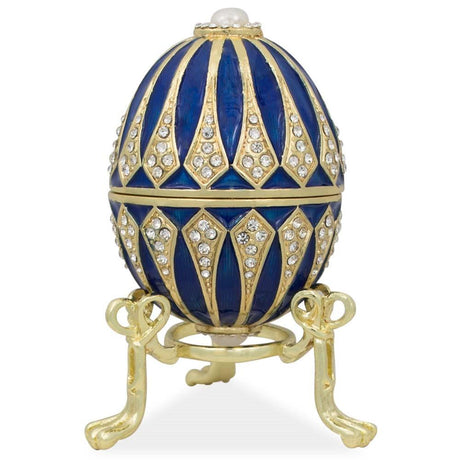 Blue Enamel Jeweled Royal Inspired Metal Easter Egg 3.25 Inches in Blue color, Oval shape