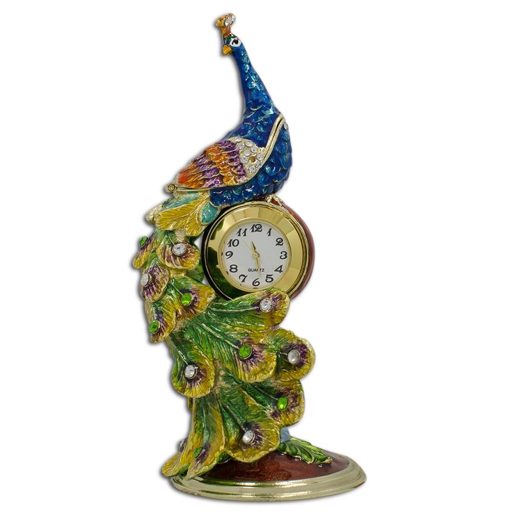 Pewter Peacock Sitting on a Clock Trinket Box Figurine 5.5 Inches in Multi color