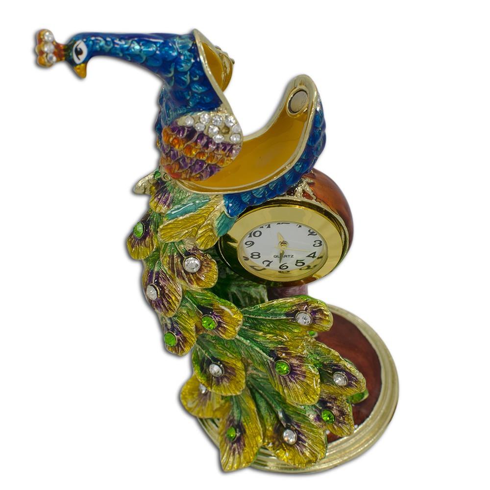Peacock Sitting on a Clock Trinket Box Figurine 5.5 Inches ,dimensions in inches: 5.5 x 5.8 x 3.3