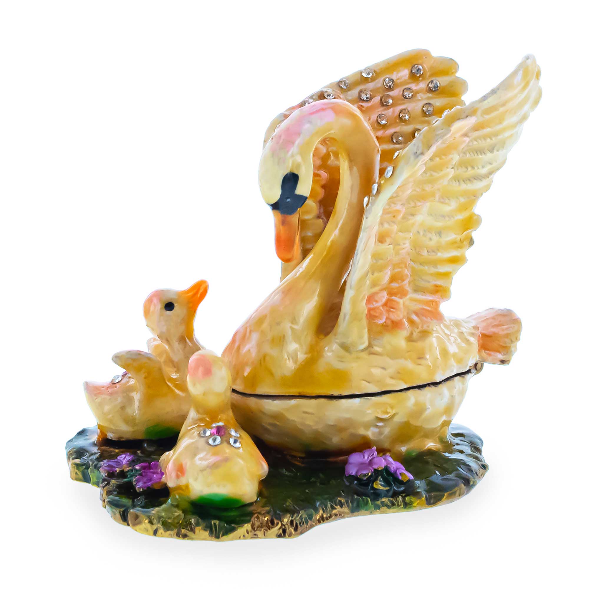 Swan Family Jeweled Trinket Box Figurine in Multi color