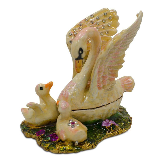 Pewter Swan Family Jeweled Trinket Box Figurine in Multi color