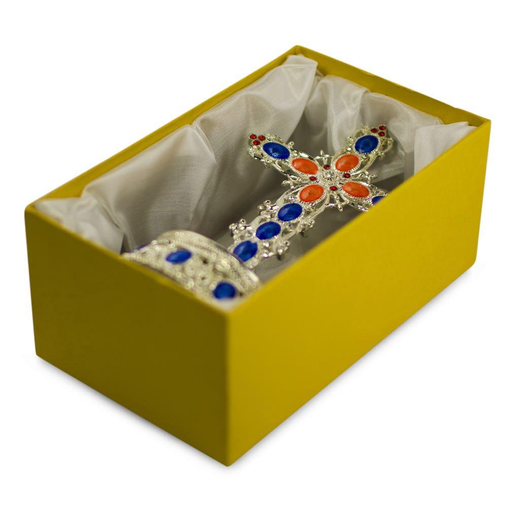 Bejeweled Standing Metal Cross Trinket or Rosary Box , dimensions in inches: 6.25 x 2.6 x 2.6