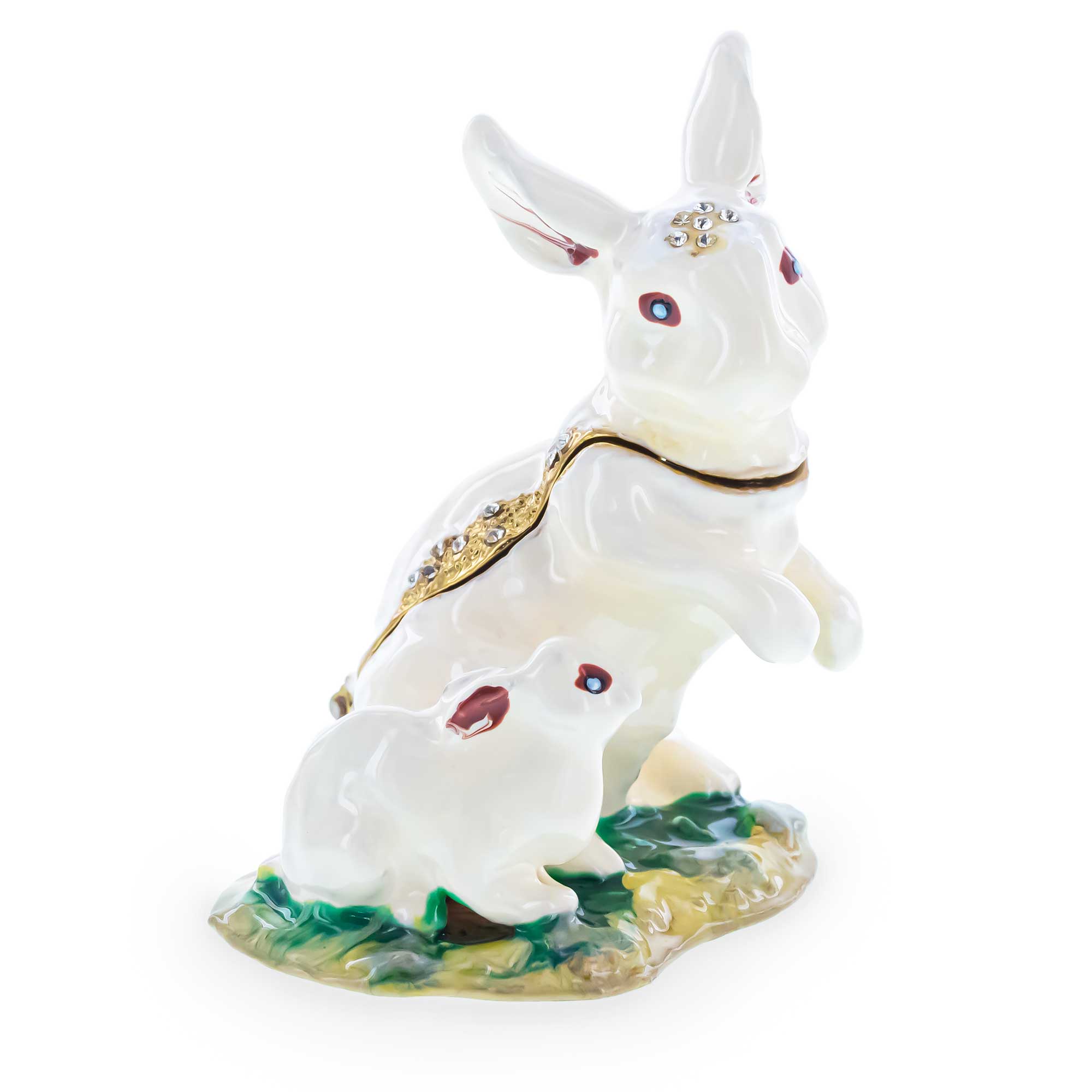 Bunny Family Jeweled Trinket Box Figurine in White color