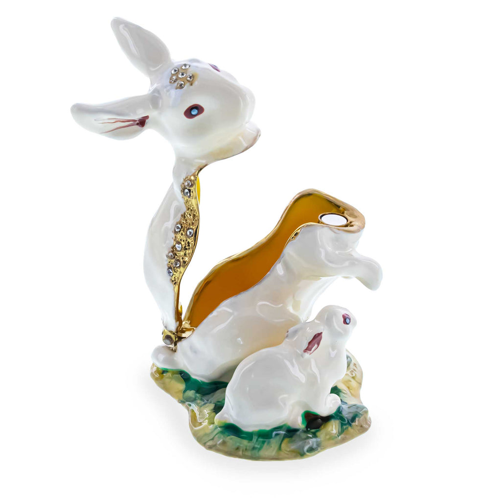 Bunny Family Jeweled Trinket Box Figurine , dimensions in inches: 3.5 x 3 x 3