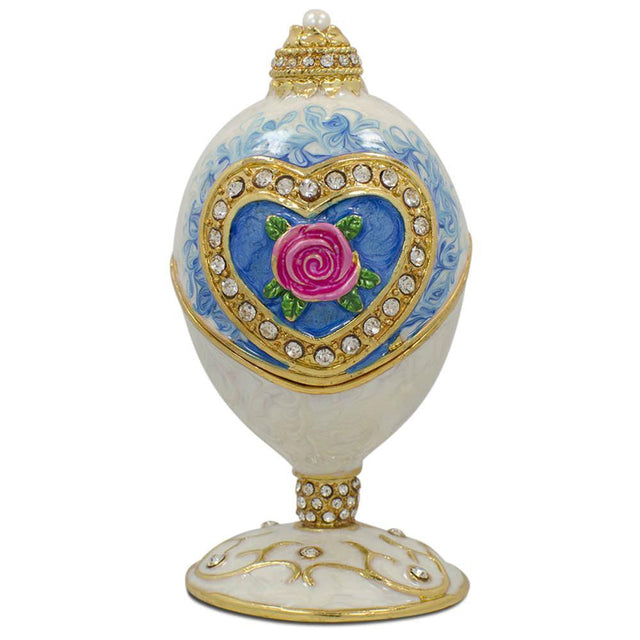 Rose in Crystal Valentine's Heart Royal Inspired Easter Egg 3.25 Inches in White color, Oval shape