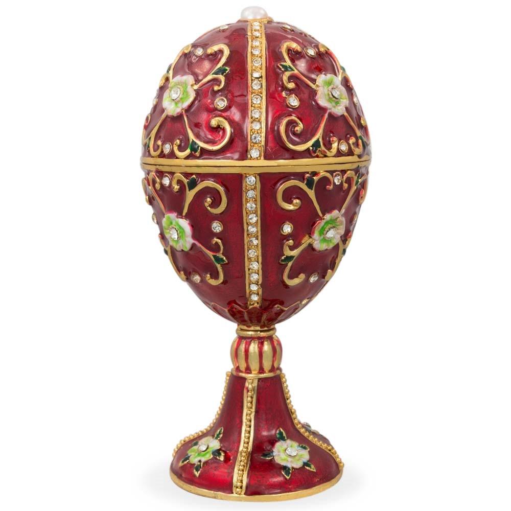 Green Flowers on Red Enamel Royal Inspired Imperial Metal Easter Egg in Red color Oval