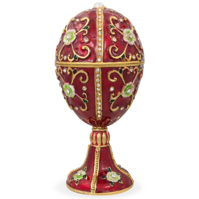 Green Flowers on Red Enamel Royal Inspired Imperial Metal Easter Egg in  color Oval