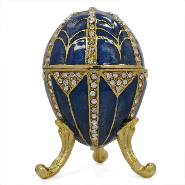 Crystal Triangles Jeweled Royal Imperial Inspired Metal Easter Egg in Blue color, Oval shape