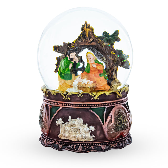 Nativity Serenity: Musical Water Snow Globe with "Silent Night" Music Box in Brown color, Round shape